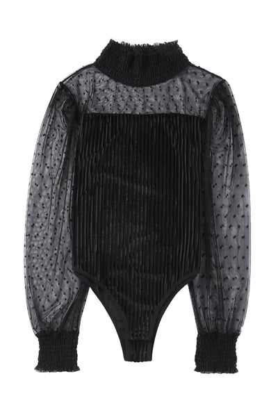 Chic Women's Black Sheer Velvet Bodysuit with Dot Texture and Long Sleeves for Stylish Evening Outfits