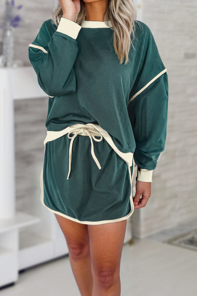 Chic Women's Evergreen Color Block Pullover & Lace-Up Waist Skort Set - Casual, Comfortable Everyday Outfit
