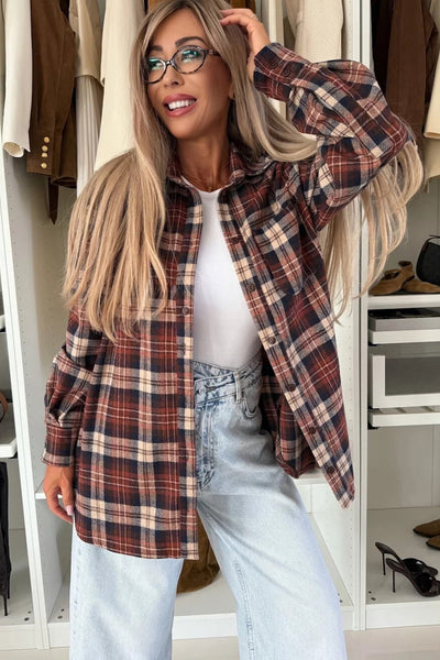 Cozy Mineral Red Plaid Boyfriend Shacket for Women Stylish Flannel Overshirt with Chest Pocket for Casual Layering