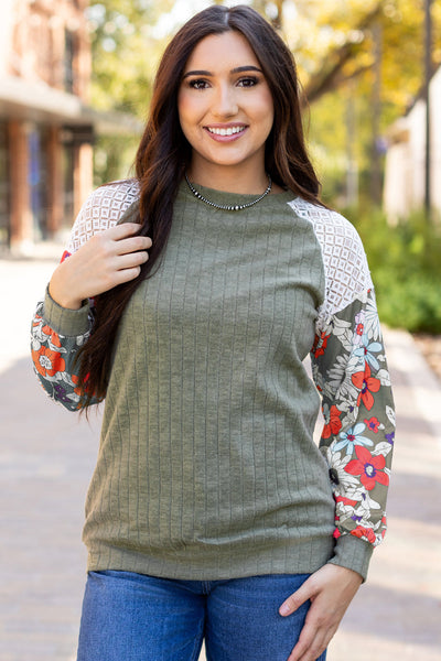 Stylish Women's Laurel Green Floral Patchwork Long Sleeve Blouse - Ribbed, Comfortable Fit for Effortless Everyday Chic