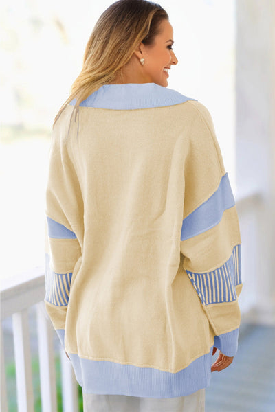 Women's Sky Blue Color Block Polo Sweater in Viscose Blend