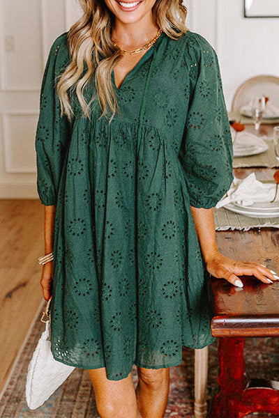 Women's White Eyelet Embroidered Summer Dress - Flowy Fit & Elegant Details for Casual or Special Occasions