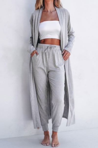 Women's Light Grey Split Long Cardigan with Skinny Pants - Cozy Lounge Set for Relaxed Style and Comfort