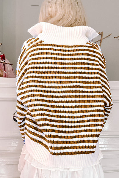 Cozy Women's Khaki Stripe Zip-Up Sweater with Drop Shoulder for Effortless Casual Chic