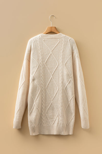 Women's Oatmeal Cable Knit Sweater Dress with Drop Shoulder