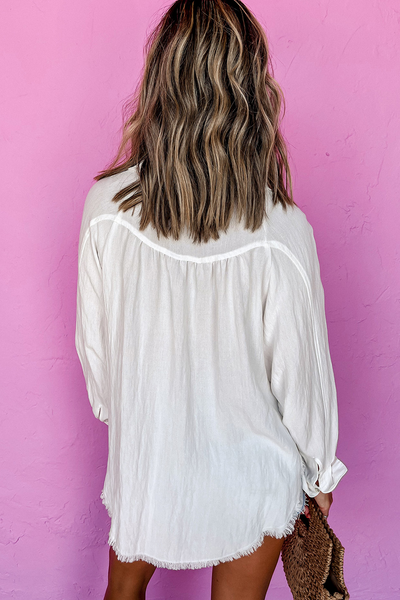 Chic Women's White Long Sleeve Button-Up Shirt with Frayed Hem - Perfect for Effortless Casual Everyday Style