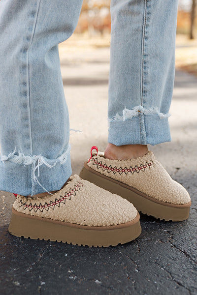 Cozy Women's Oatmeal Sherpa Snow Boots with Embroidery and Thick Sole for Stylish Winter Comfort