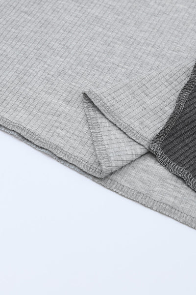 Trendy Women's Gray Color Block Ribbed Knit Top with Exposed Seams for a Comfortable and Chic Everyday Look