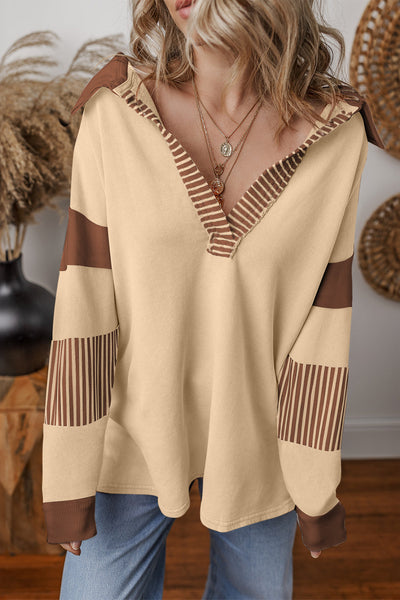 Trendy Women's Light Beige Striped Colorblock Sweatshirt with Stylish Collar Comfortable Fit for Casual Outings