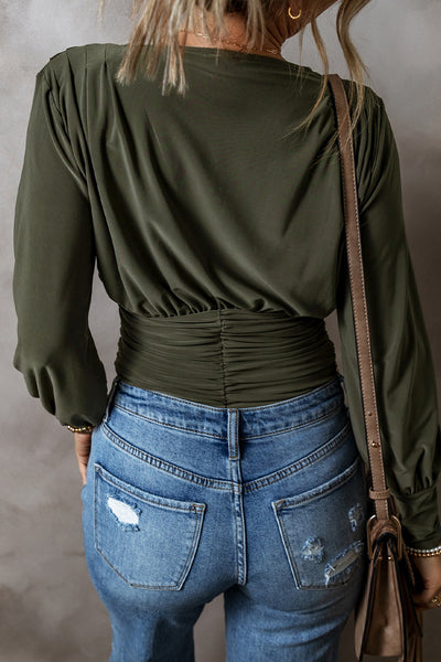 Moss Green Long Sleeve Ruched Wrap Bodysuit for Women - Chic, Comfortable Fit Perfect for Casual or Dressy Occasions