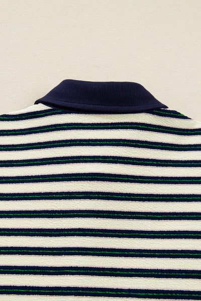 women's chic women's navy blue striped long sleeve top with contrast collar and zip v-neck - casual everyday style with practical styling and