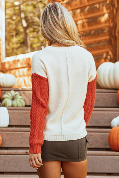 Cozy Women's Gold Flame Colorblock Drop Shoulder Sweater with Pockets Chic Casual Knitwear for Effortless Style