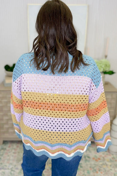 Plus Size Women's Multicolor Striped Knit Sweater with Hollow Out Detail and Trendy Drop Shoulder Fit