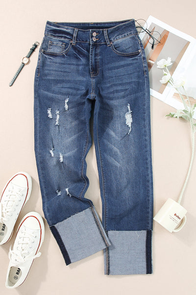 Trendy Women's Blue High-Waisted Distressed Straight Leg Jeans for Effortless Style and All-Day Comfort