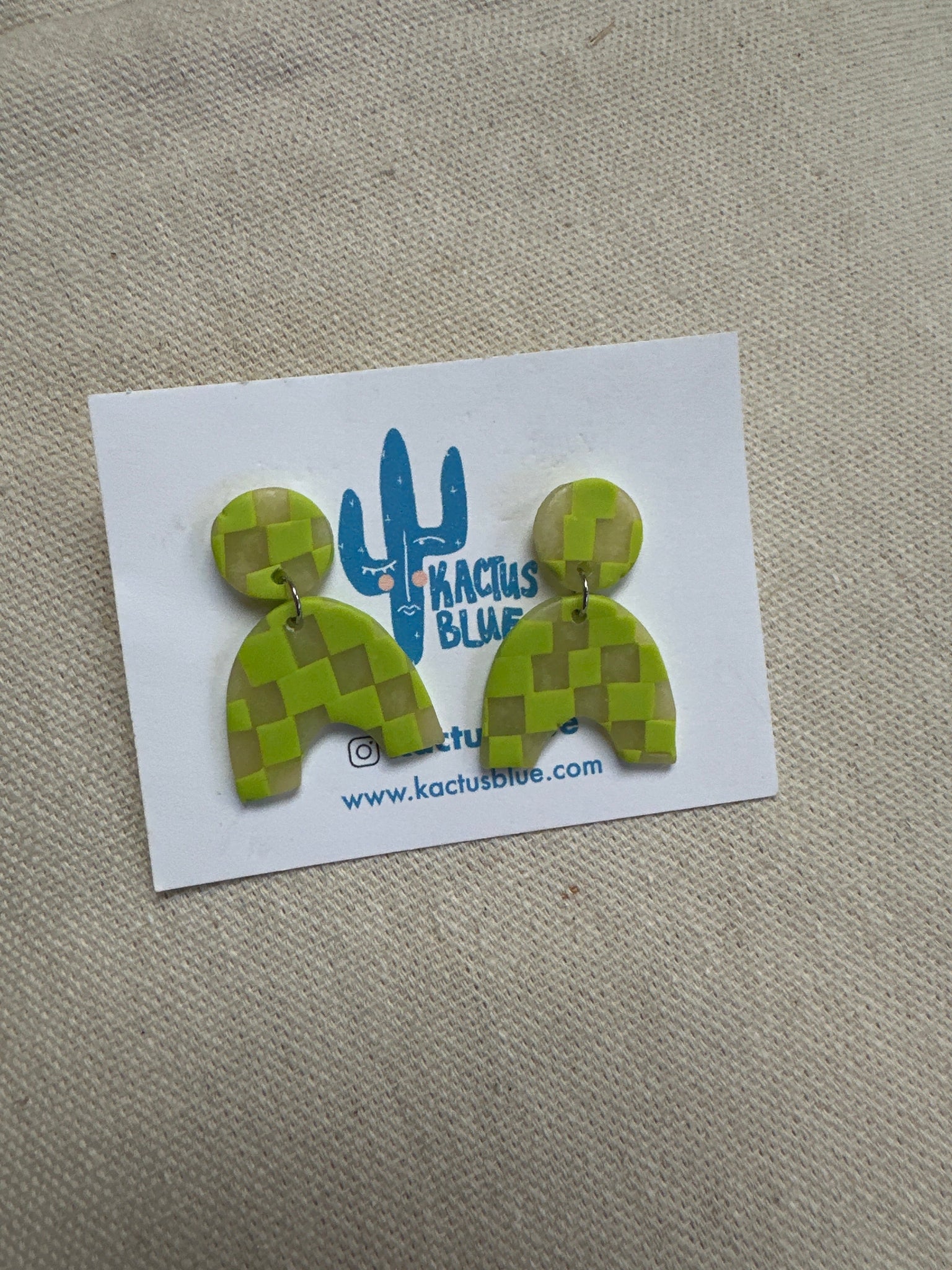 Kactus Blue Checkered Lime Green Clay  Earrings
