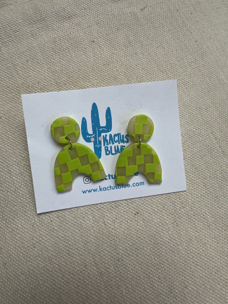 Kactus Blue Checkered Lime Green Clay  Earrings