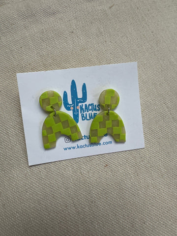 Kactus Blue Checkered Lime Green Clay  Earrings