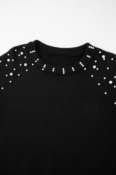 Elegant Black Pearled Drop Shoulder Sweater for Women - Cozy Round Neck Knit Top with Stylish Design and Comfortable Fit