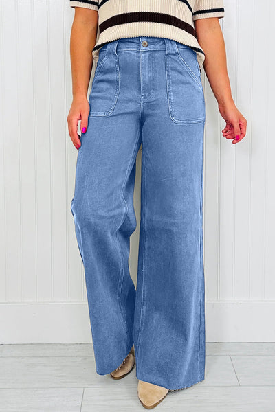 Women's Dusk Blue High-Waisted Wide Leg Jeans with Patch Pockets