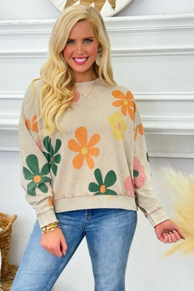 Trendy Women's Khaki Mineral Wash Sweatshirt with Floral Print and Drop Shoulders for Effortless Casual Style