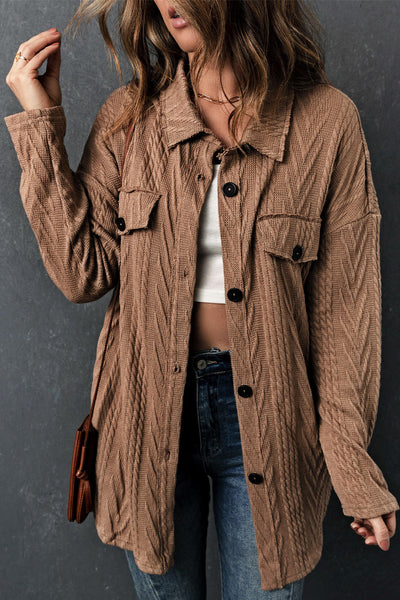 Oversized Khaki Textured Knit Shacket with Button Front