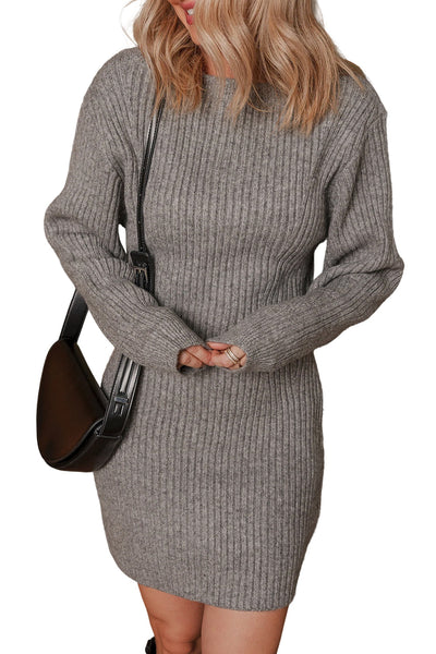 Chic Women's Gray Ribbed Knit Long Sleeve Sweater Dress - Slim Fit Casual Style for Fall and Winter Wardrobe