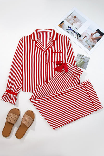 Women's Red and White Striped Long-Sleeve Pajama Set with Ribbon Details with practical styling and dependable silhouette control.
