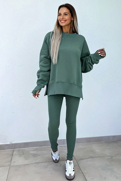 Cozy Women's Green Oversized Sweatshirt & Ribbed Leggings Set - Casual Chic 2-Piece Outfit for Effortless Style