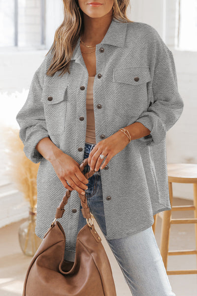 Women's Gray Textured Shacket with Flap Pockets - Stylish Button-Up Layering Jacket for Casual Outings and Everyday Wear