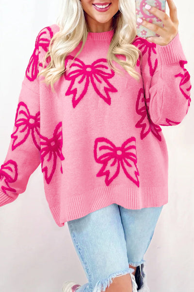 Women's Cozy Pink Bow Patterned Drop Shoulder Sweater - Relaxed Fit for Casual Comfort and Everyday Style