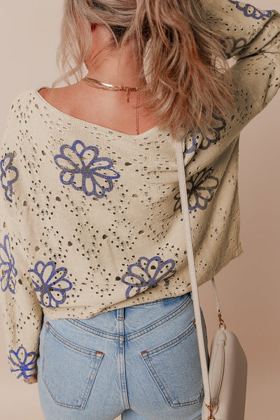 Chic Women's Beige Eyelet Sweater with Floral Print & Drop Shoulder Design for Effortless Casual Style