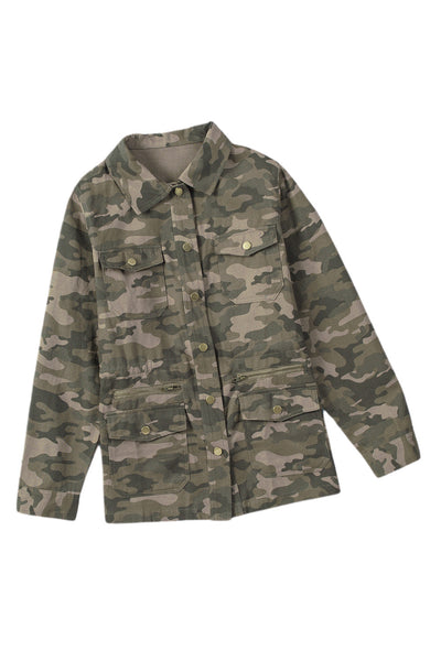 Women's Green Camouflage Print Utility Jacket with Button Closure and Multiple Pockets