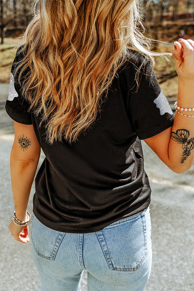 Women's Black Glitter Ghost Pattern Crew Neck Halloween T-Shirt - Fun & Festive Casual Wear for Spooky Season