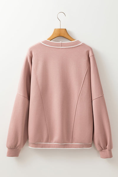 Women's Pink Striped Knit Cardigan with Contrast Trim, V-Neck, Button Front, and Pocket - Stylish & Cozy Layering Piece