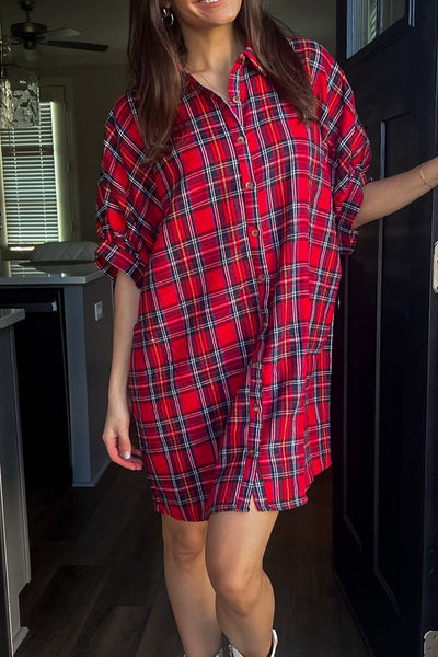 Women's Casual Red Plaid Mini Dress with Half Sleeves Effortless Summer Style for Trendy Comfort