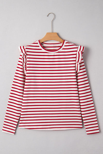 Women's Red Striped Ruffle Sleeve Cotton Blend Blouse