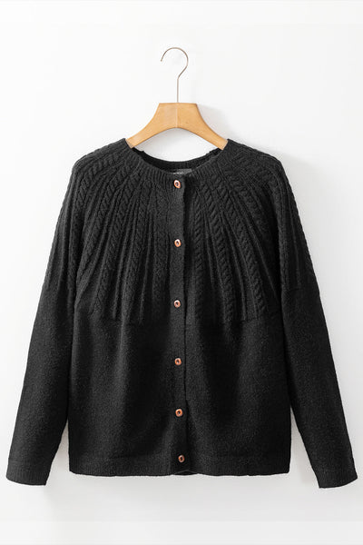 Women's Black Textured Cable Knit Cardigan with Wooden Buttons