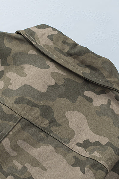 Women's Green Camouflage Print Utility Jacket with Button Closure and Multiple Pockets