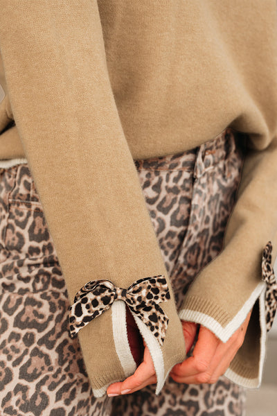 Women's Camel Knit Pullover with Leopard Bow Cuffs