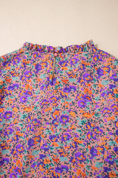 Elegant Women's Purple Floral Blouse with Frilled Neckline & Shirred Cuffs - Perfect for Casual or Formal Occasions