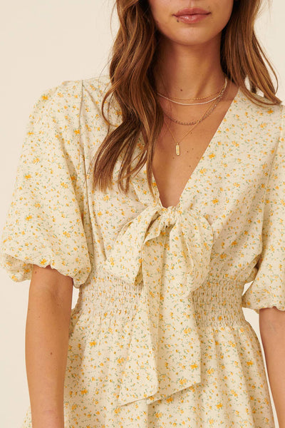 Floral V Neck Tie Puff Sleeve Smock Mini Dress