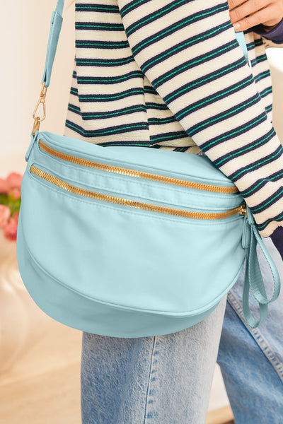 Women's Light Blue PU Leather Crescent Crossbody with Gold Zippers