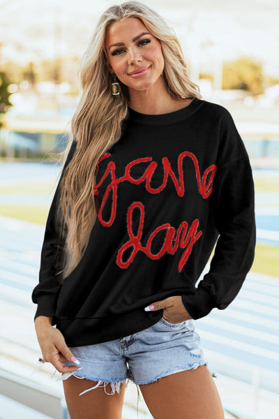 Stylish Women's Black Graphic Sweatshirt with Drop Shoulders for Game Day Comfort and Trendy Casual Wear