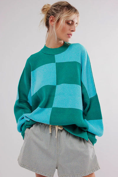 Cozy Oversized Green Checkered Sweater for Women with Side Slits and Drop Shoulders - Casual Chic Style