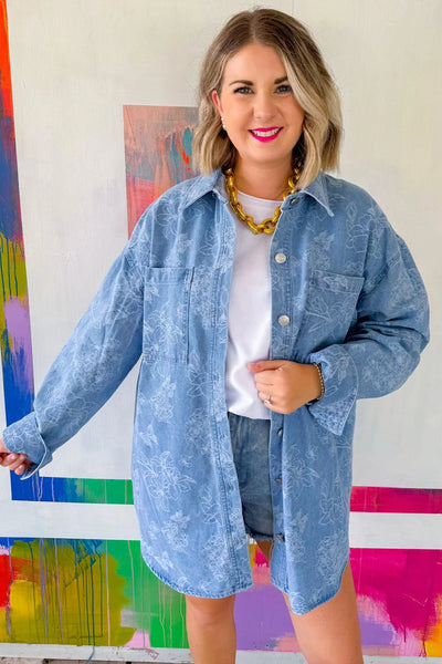 Women's Casual Denim Shacket with Floral Butterfly Print, Double Patch Pockets, Trendy Relaxed Fit for Everyday Wear