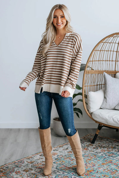 Chic Women's Khaki Striped V-Neck Casual Top with Drop Shoulders and Side Slits for Effortless Everyday Style