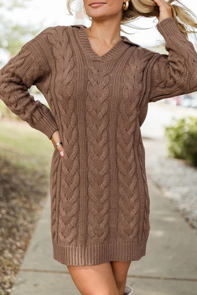 Women's Cozy Dark Khaki Ribbed V-Neck Mini Sweater Dress - Effortless Fall Fashion with a Stylish, Comfortable Fit
