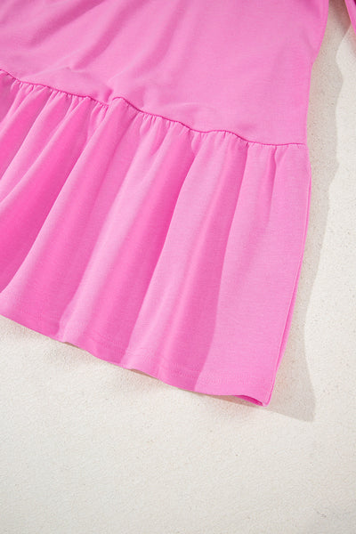 Trendy Women's Pink Striped Mini Dress with Puff Sleeves, Ruffle Hem & Contrast Collar Perfect for Summer Events