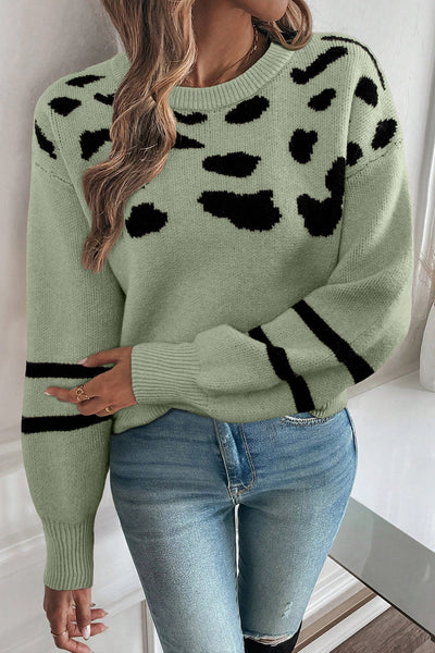 Chic Women's Green Leopard Print Drop Shoulder Sweater with Striped Accents for a Relaxed, Stylish Fit