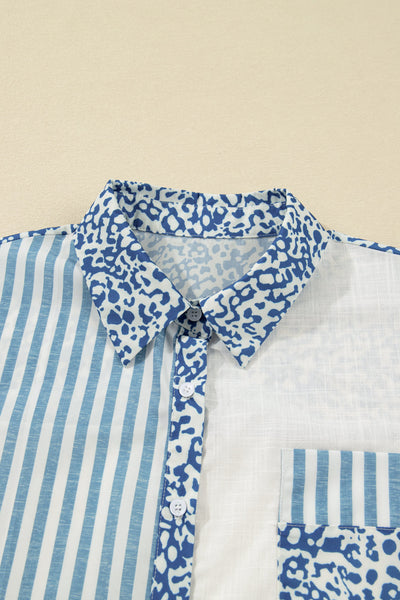 Plus Size Women‚Äôs Casual Sky Blue Leopard Print Patchwork Shirt - Stylish & Comfortable Everyday Wear